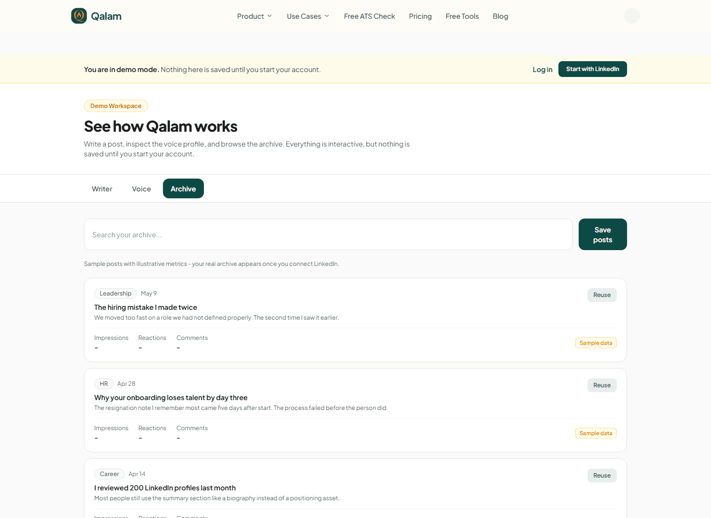 Qalam demo archive showing clearly labelled sample LinkedIn posts and activity fields