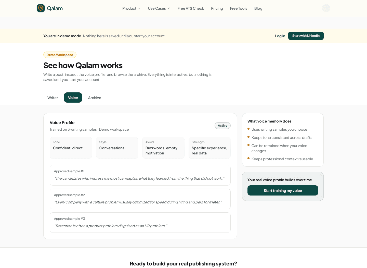 Qalam demo voice profile showing sample tone, style, and approved writing examples
