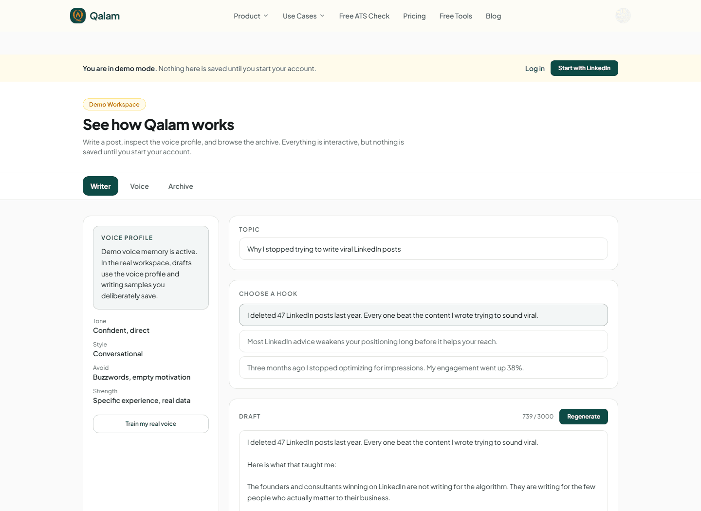 Qalam demo workspace showing the LinkedIn writer, hook choices, voice profile, and editable draft